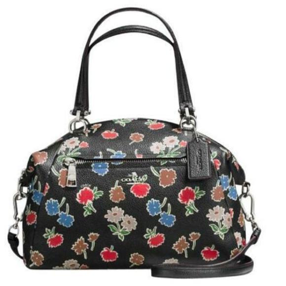 Coach Prairie Satchel Daisy Floral Zipper Leather Handbag Bag Purse Black NEW - Picture 1 of 7